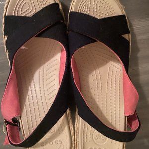 Crocs Black Canvas Rope Wedge Sandal, Size 8